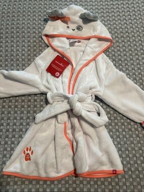 American Girl White Hooded Plush Kids Robe with Orange Trim NWT